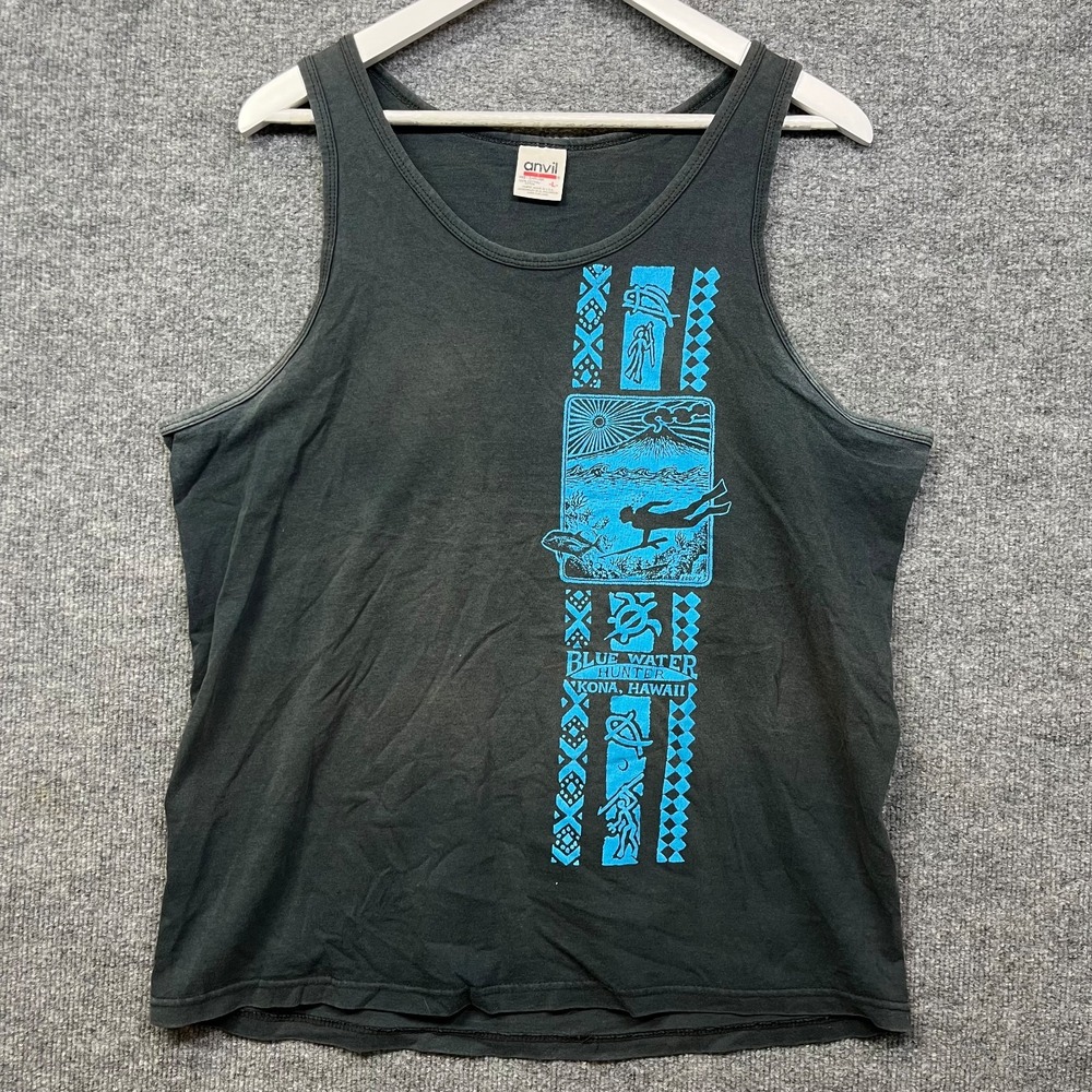 Vintage 90s Anvil Water Hunter Kona Hawaii Tank Top Men's Black Blue Graphic - L